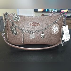 Ed Hardy NWT Brown Pebble Leather Charm Shoulder Hobo Bag with Adjustable Strap